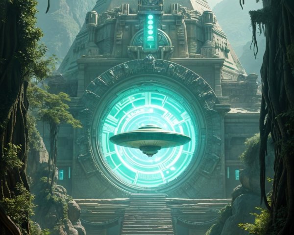 Mystical Pyramid with Vibrant Portal in Lush Greenery