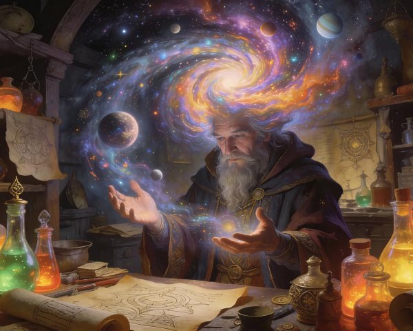 Wizard in Alchemist Workshop with Cosmic Energy