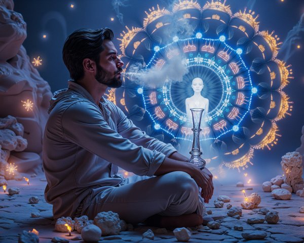 Man Meditating with Hookah in Mystical Atmosphere