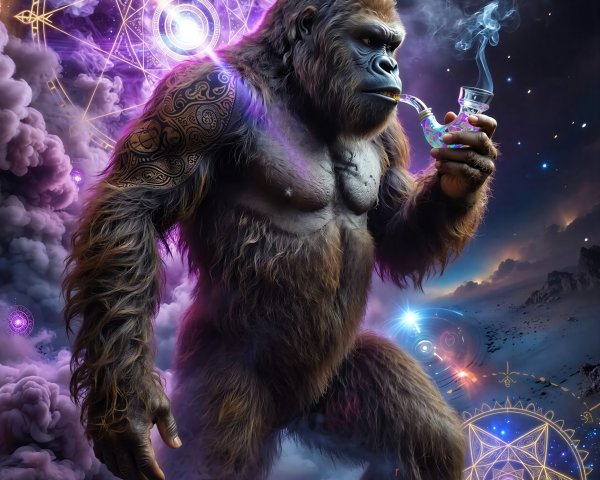 Photorealistic gorilla in cosmic landscape with symbols