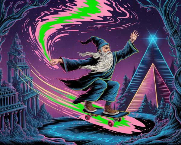 Wizard Skateboarding in a Colorful Fantasy Landscape
