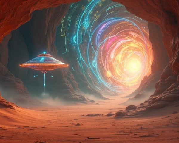 Futuristic Canyon with UFO and Colorful Portal