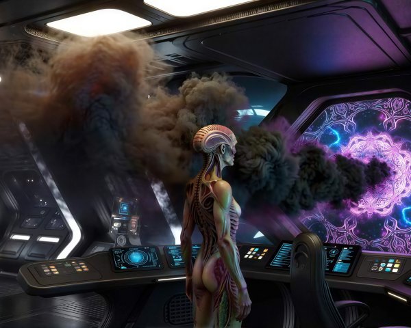 Hairless Female Alien in Futuristic Control Room