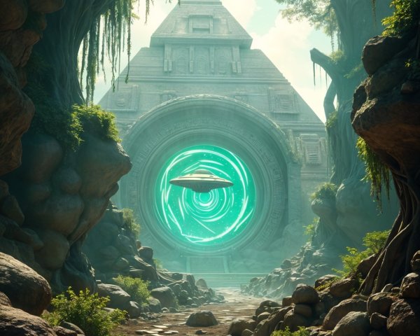 Mystical landscape with ancient pyramid and glowing portal