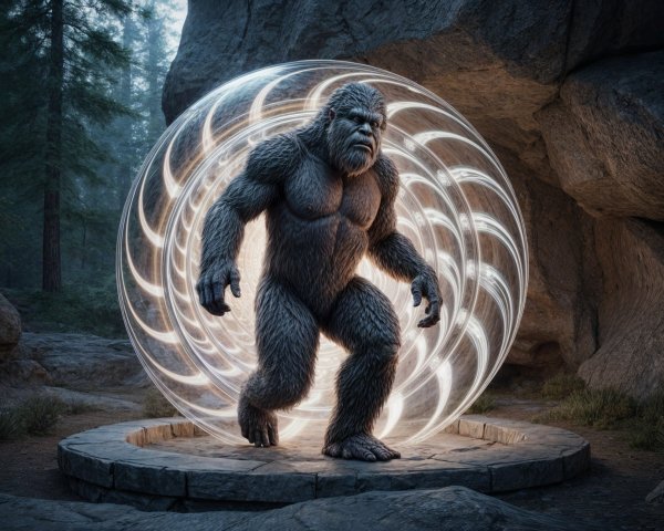 Mythic Creature Emerges from Glowing Portal in Forest