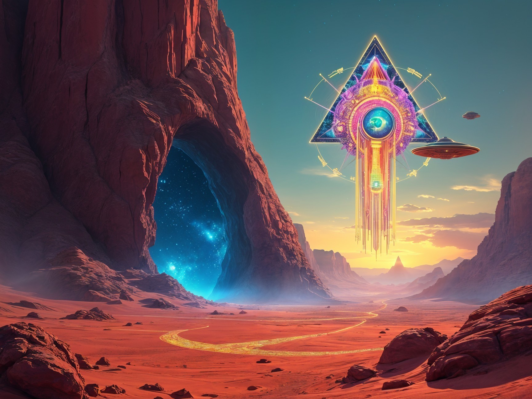 Surreal Landscape with Red Rocks and Cosmic Cave