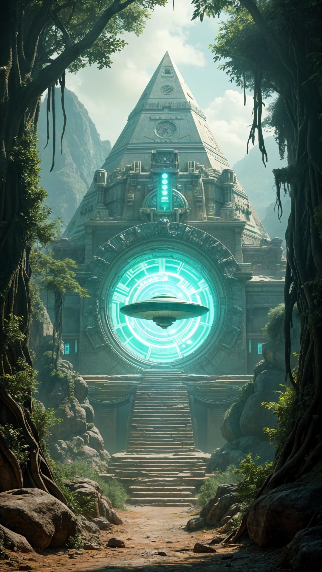 Mystical Pyramid with Vibrant Portal in Lush Greenery