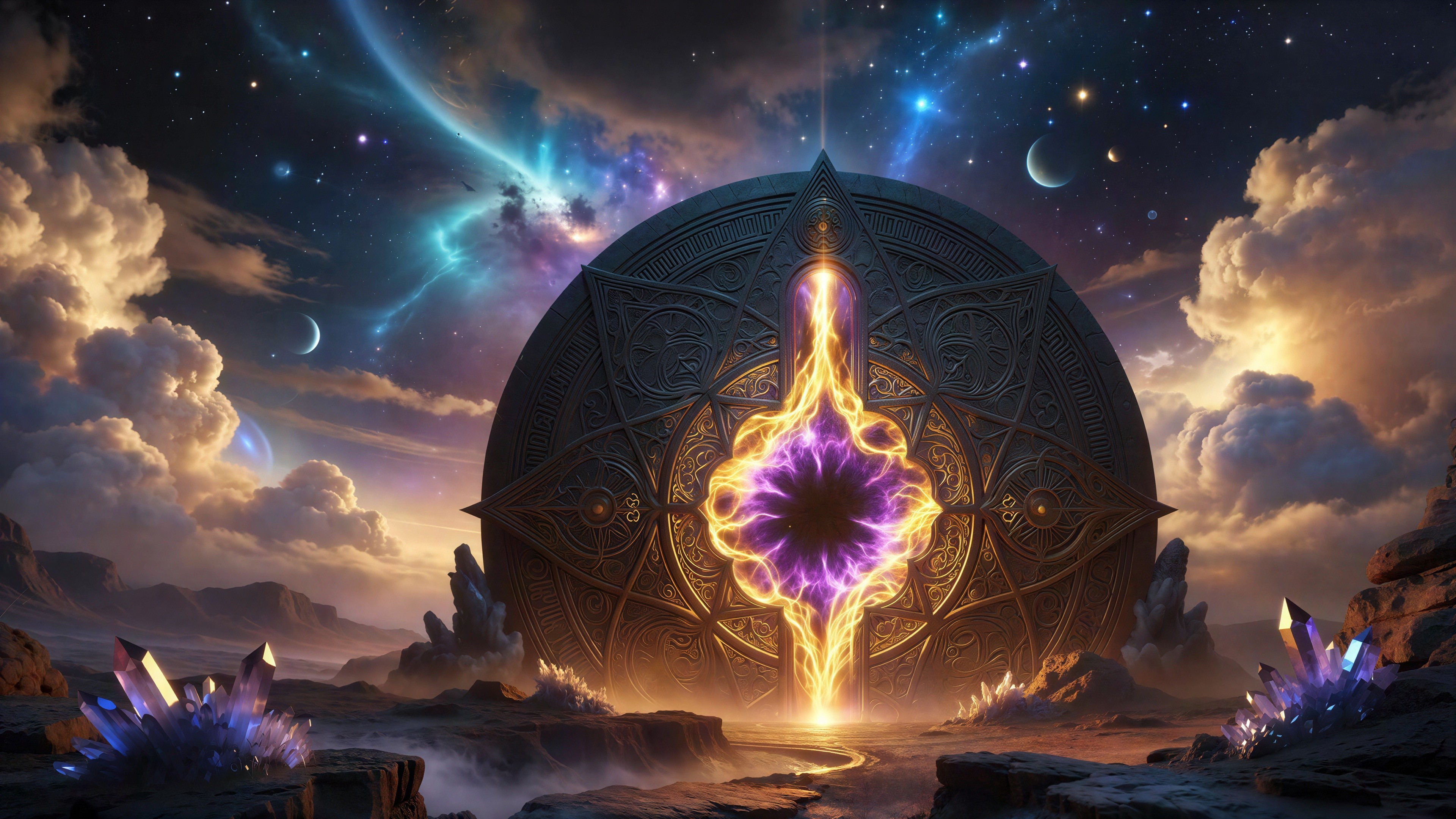 Mystical Landscape with Ancient Cosmic Portal and Sky