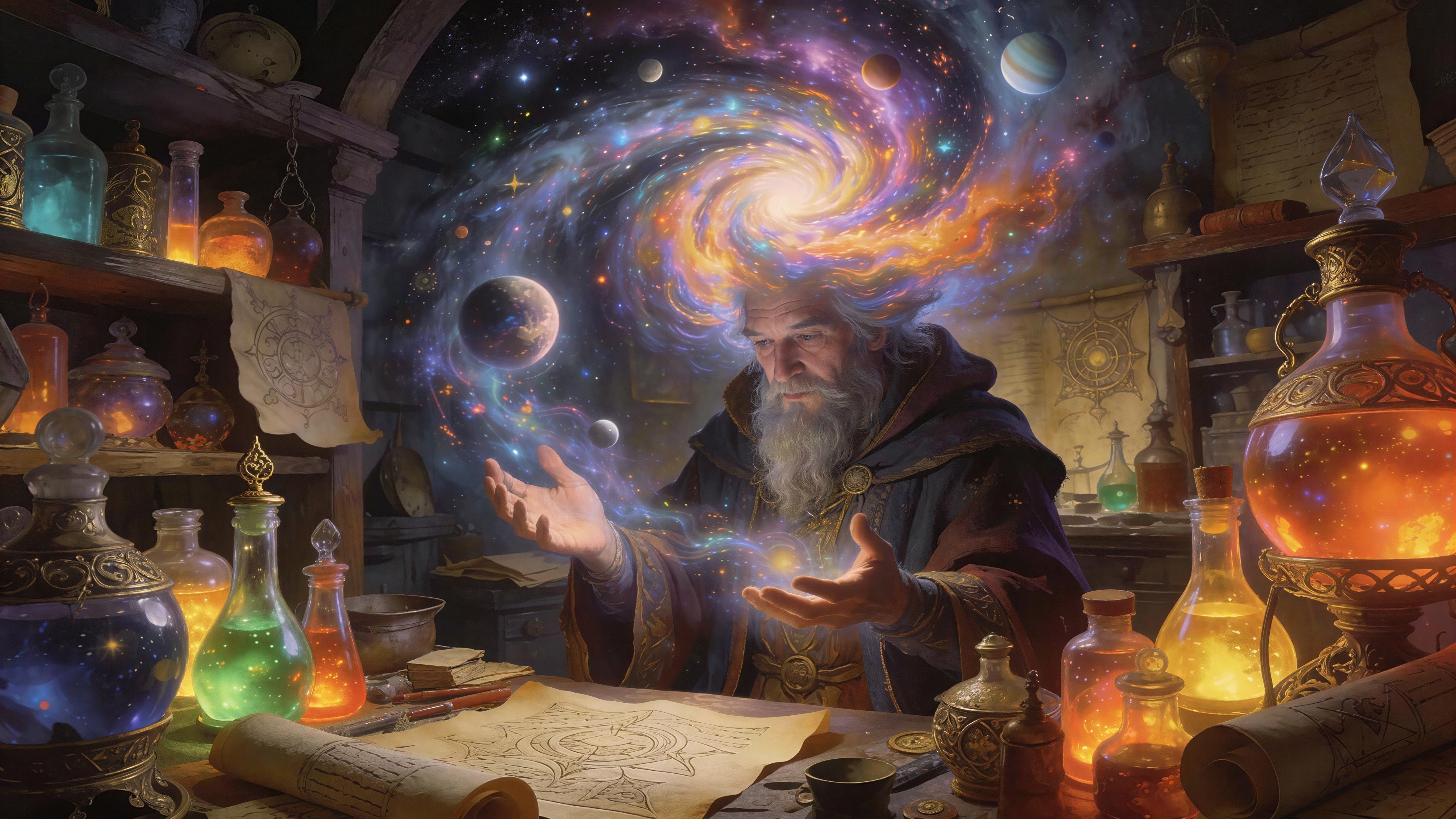 Wizard in Alchemist Workshop with Cosmic Energy