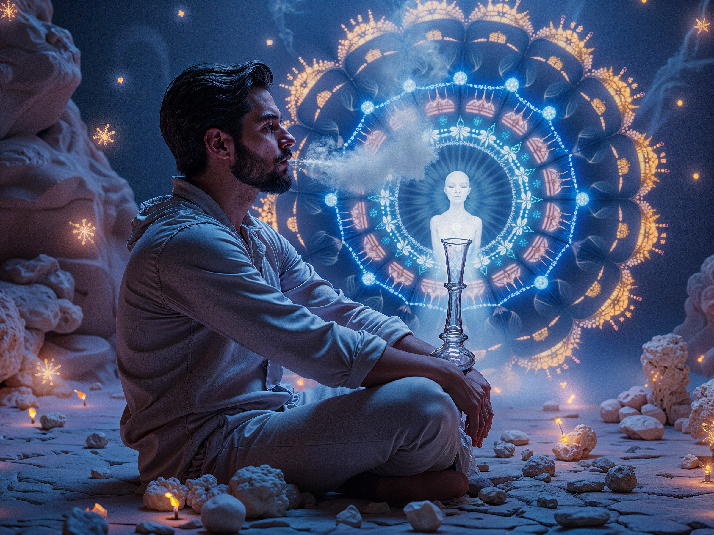 Man Meditating with Hookah in Mystical Atmosphere