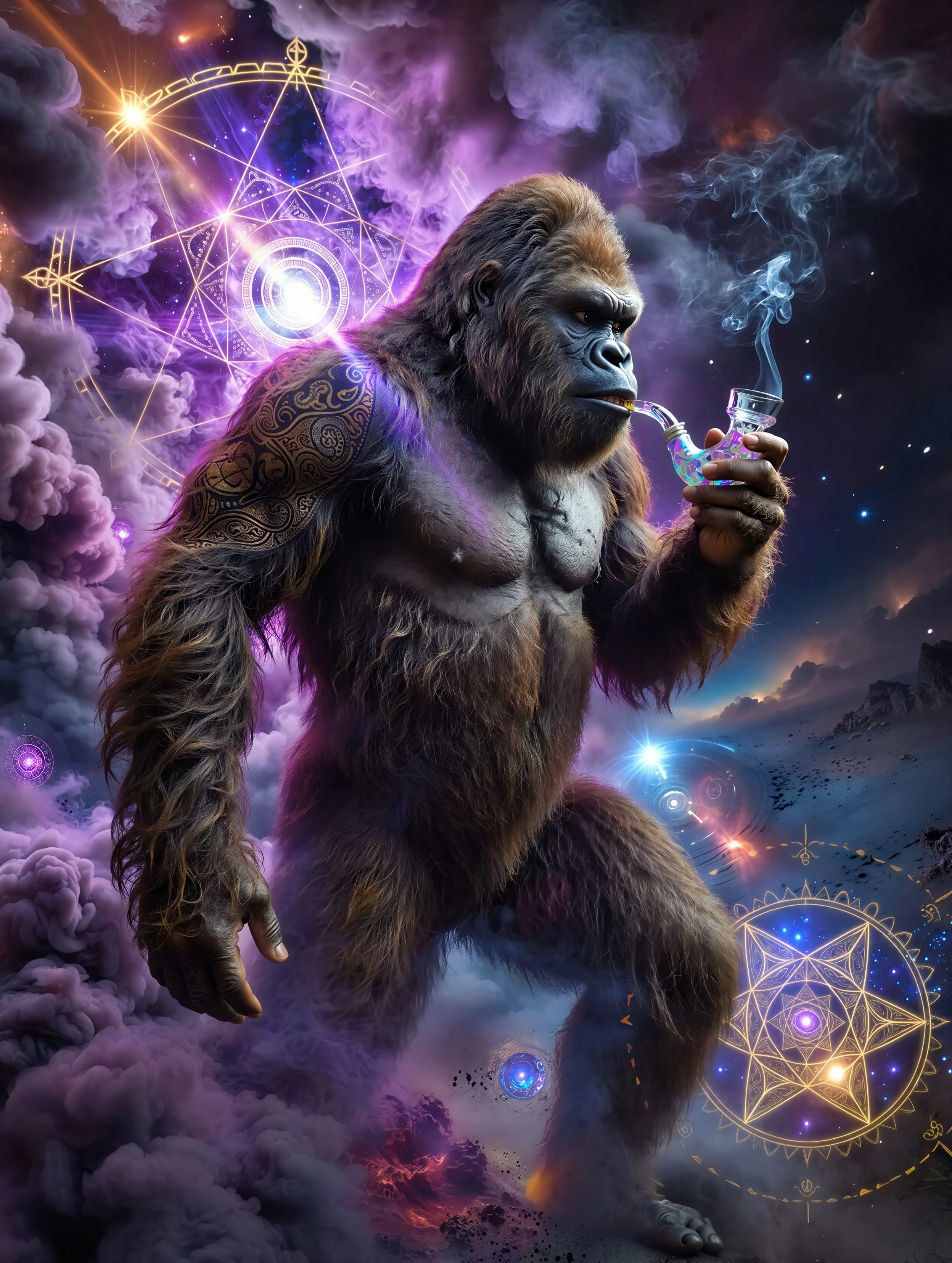 Photorealistic gorilla in cosmic landscape with symbols