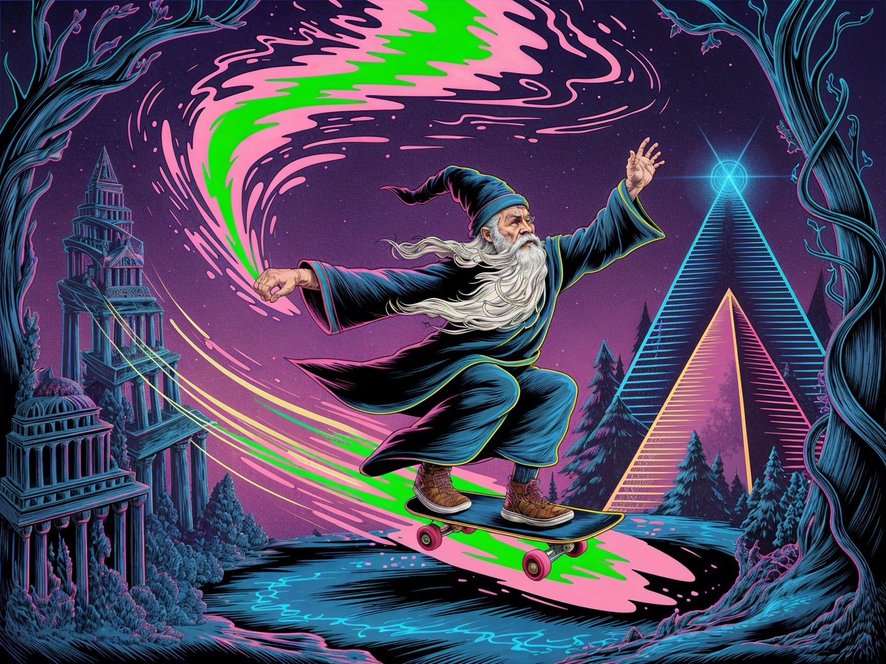 Wizard Skateboarding in a Colorful Fantasy Landscape