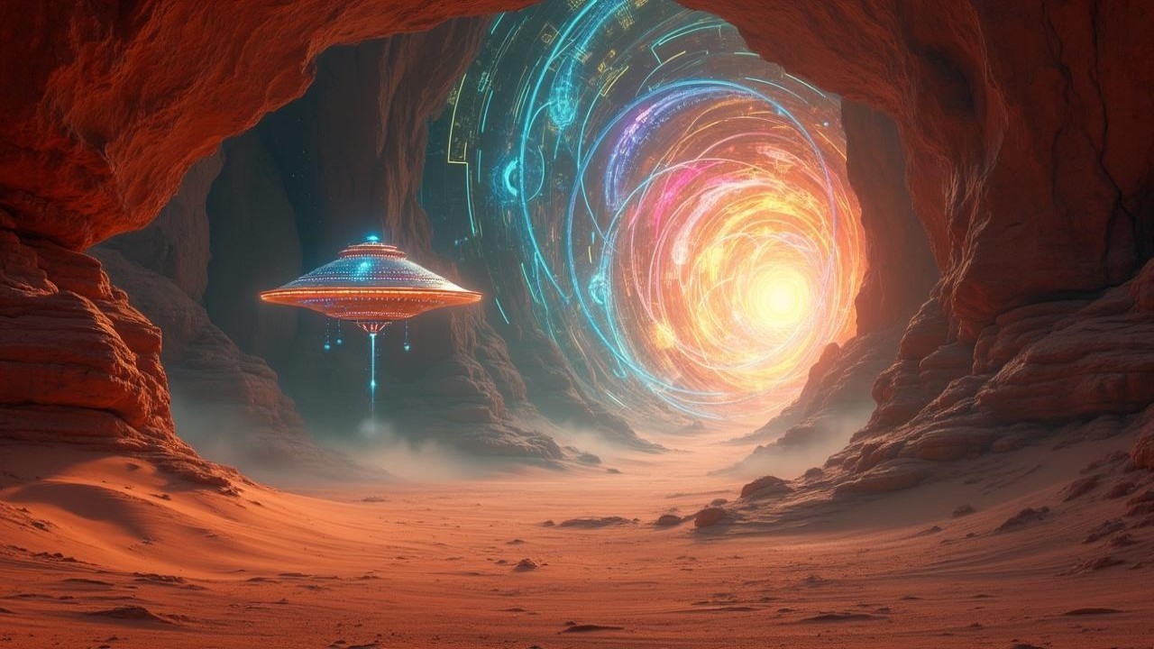 Futuristic Canyon with UFO and Colorful Portal