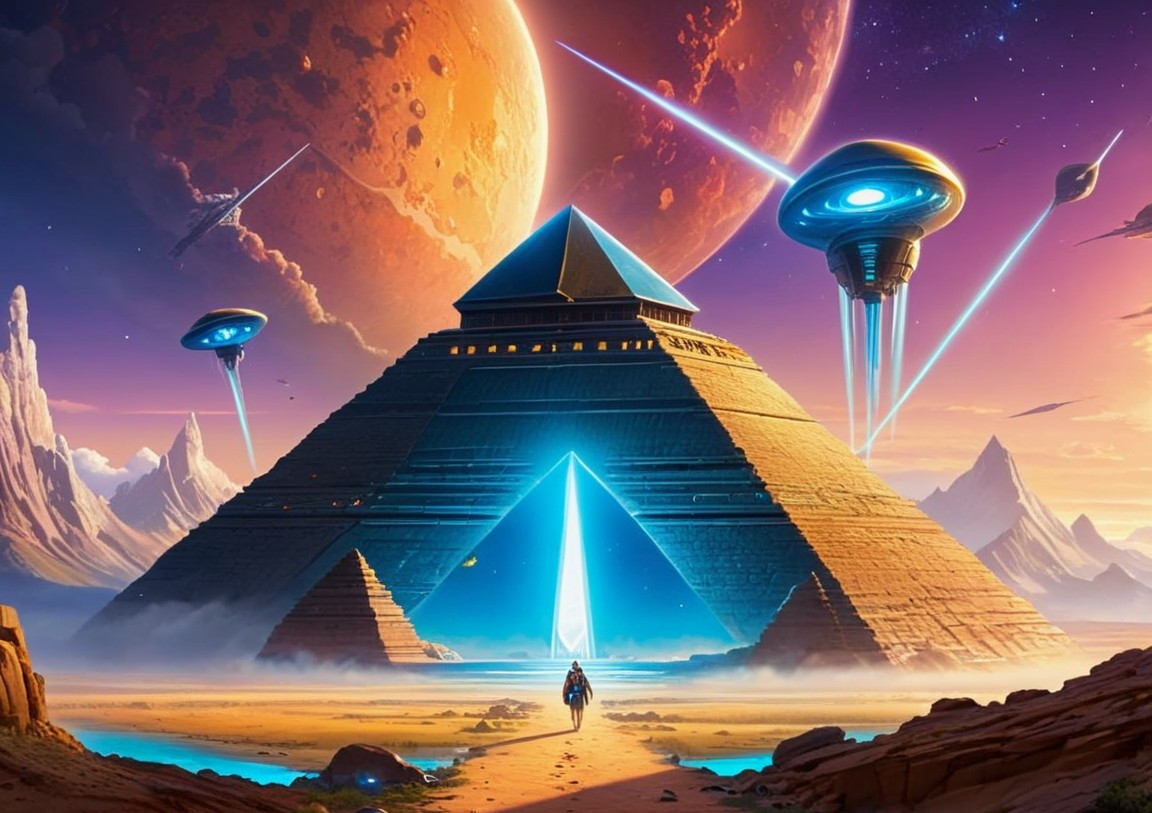 Futuristic pyramid scene with radiant portal and planets