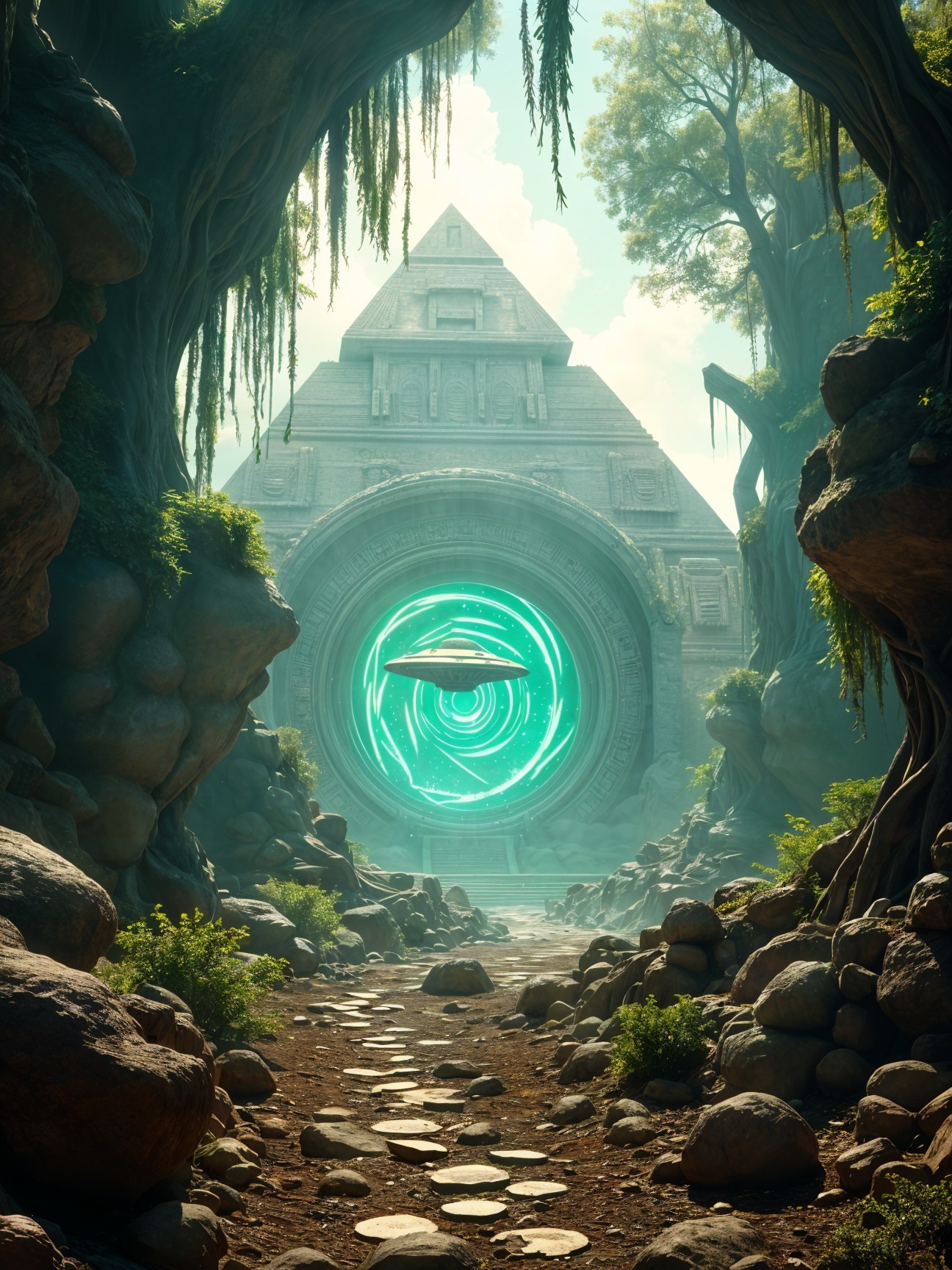 Mystical landscape with ancient pyramid and glowing portal