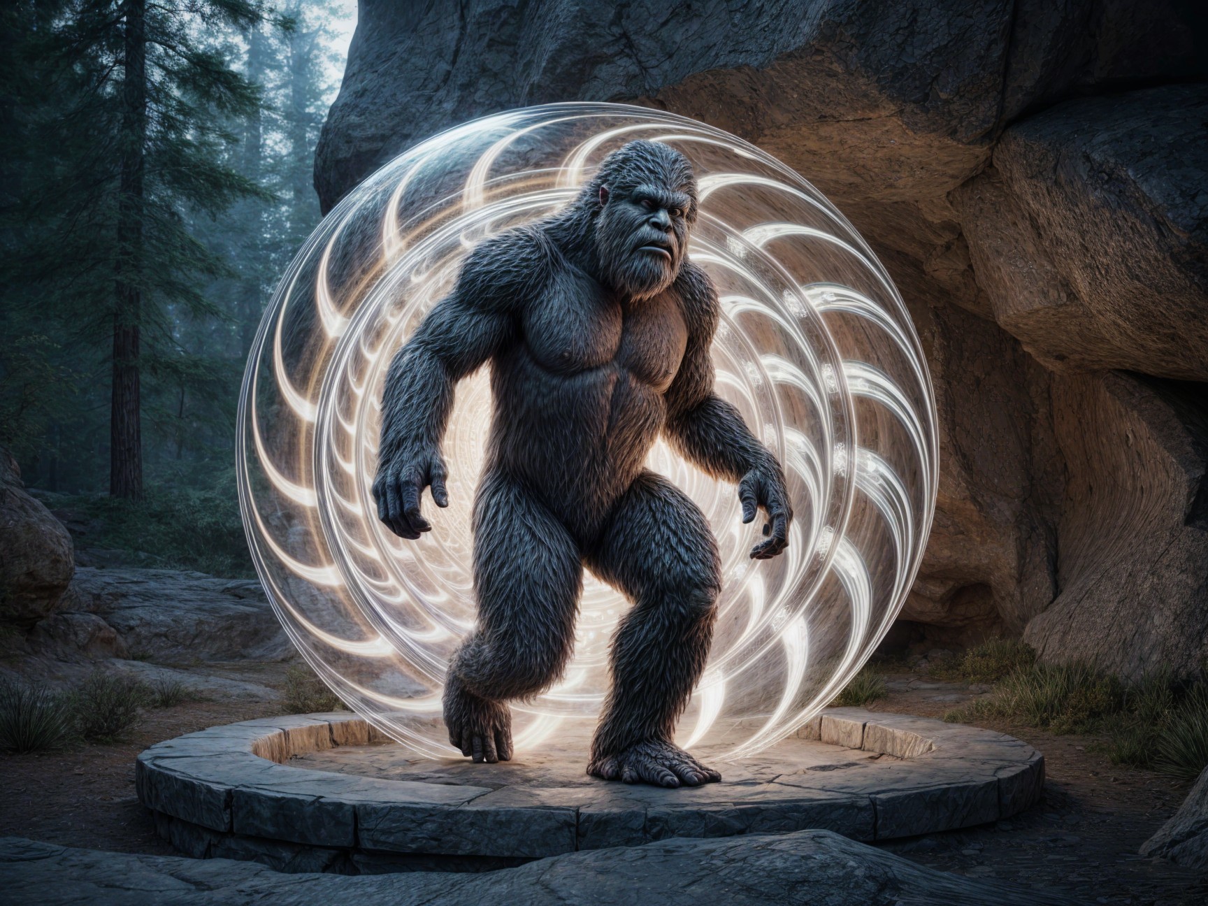 Mythic Creature Emerges from Glowing Portal in Forest