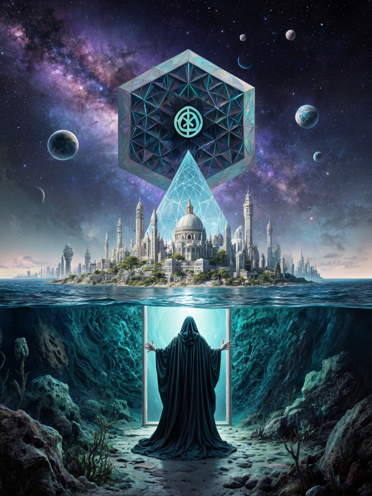 Mystical Island City Beneath Cosmic Sky and Portal