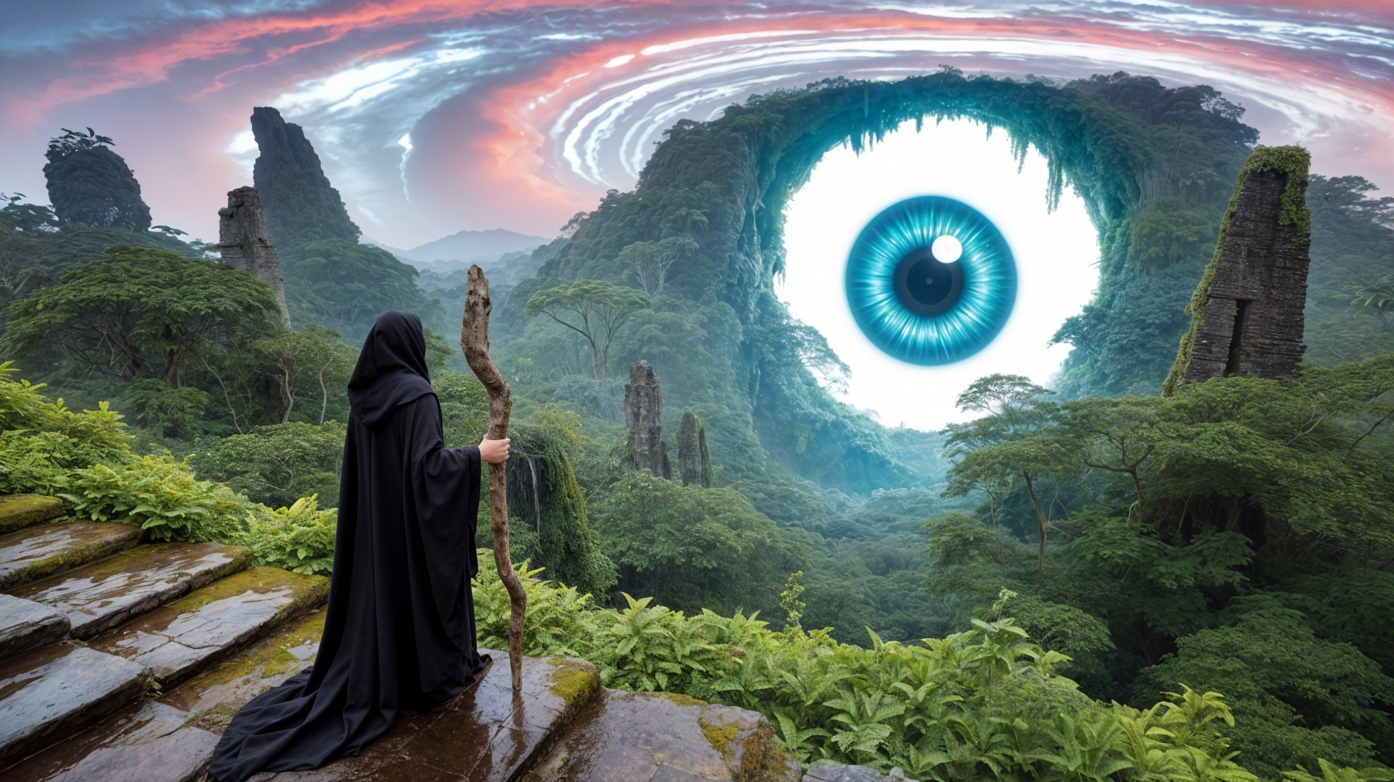 Cloaked Figure and Surreal Eye in Mystical Landscape