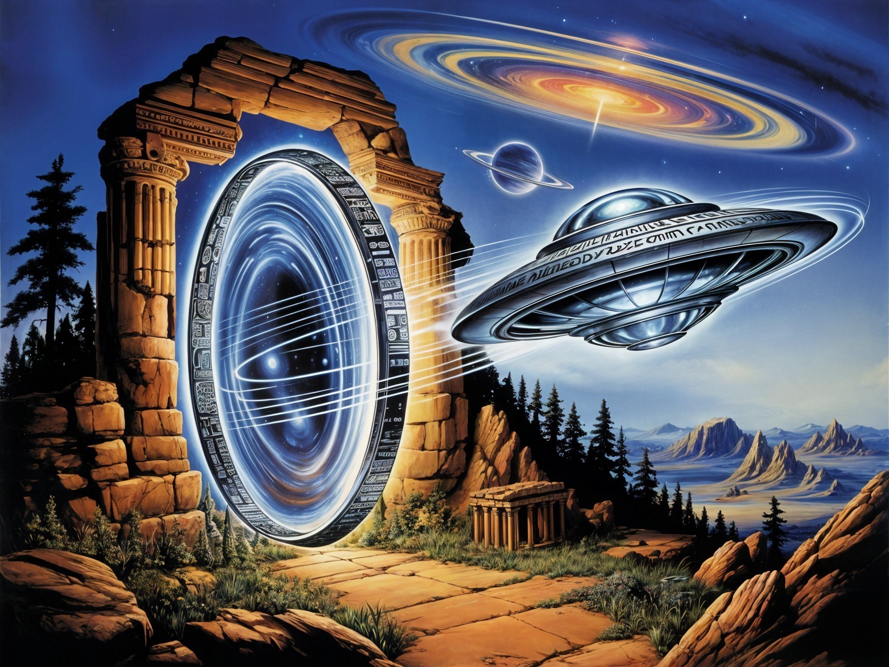 Cosmic Portal with Ancient Ruins and Futuristic Ship