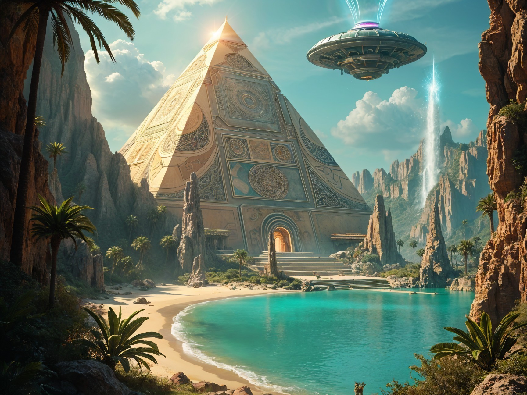 Futuristic Pyramid Surrounded by Beach and UFO Light