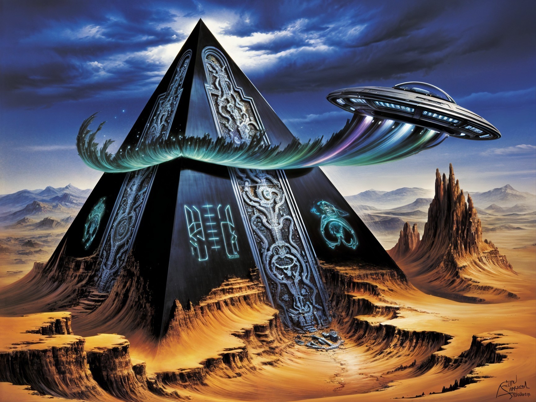 Sci-fi landscape with black pyramid and UFO interaction