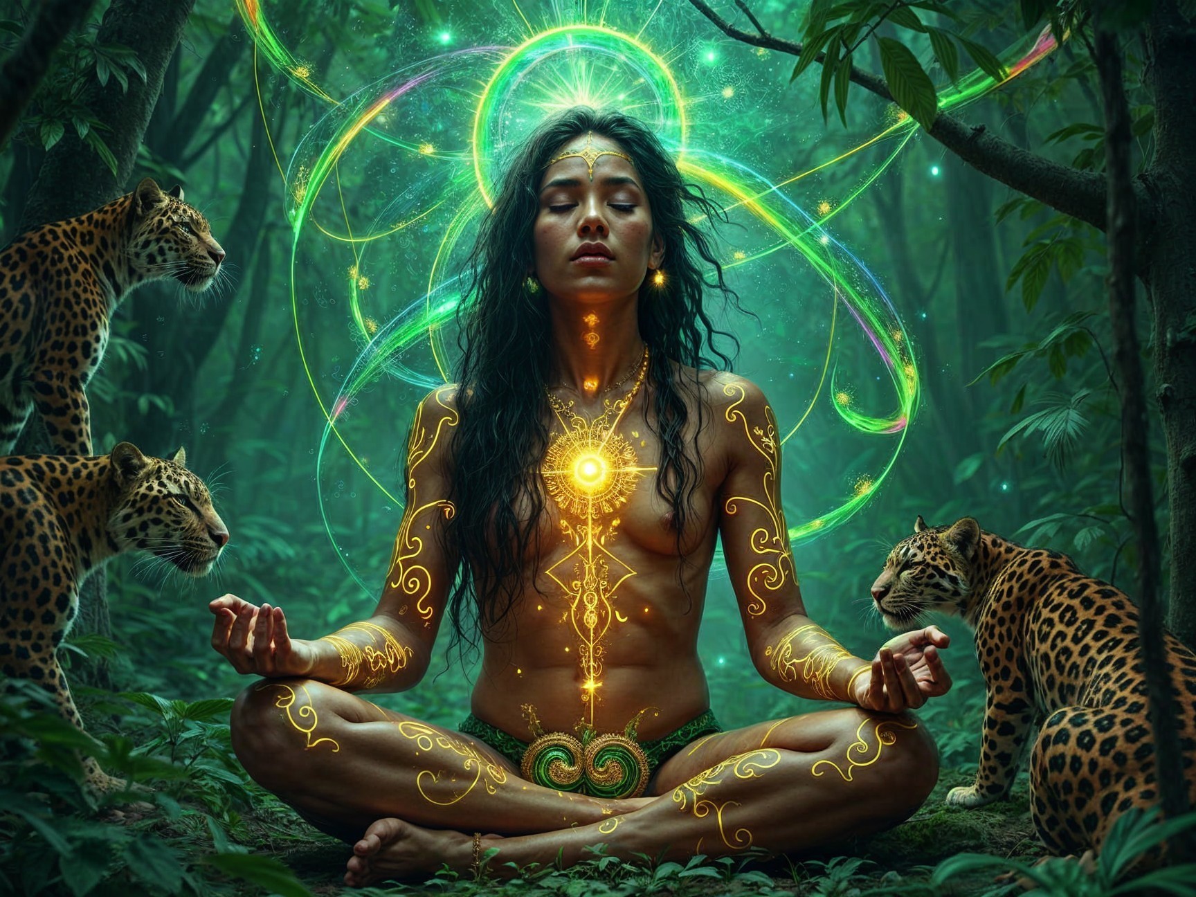 Meditative Figure in Jungle with Glowing Patterns