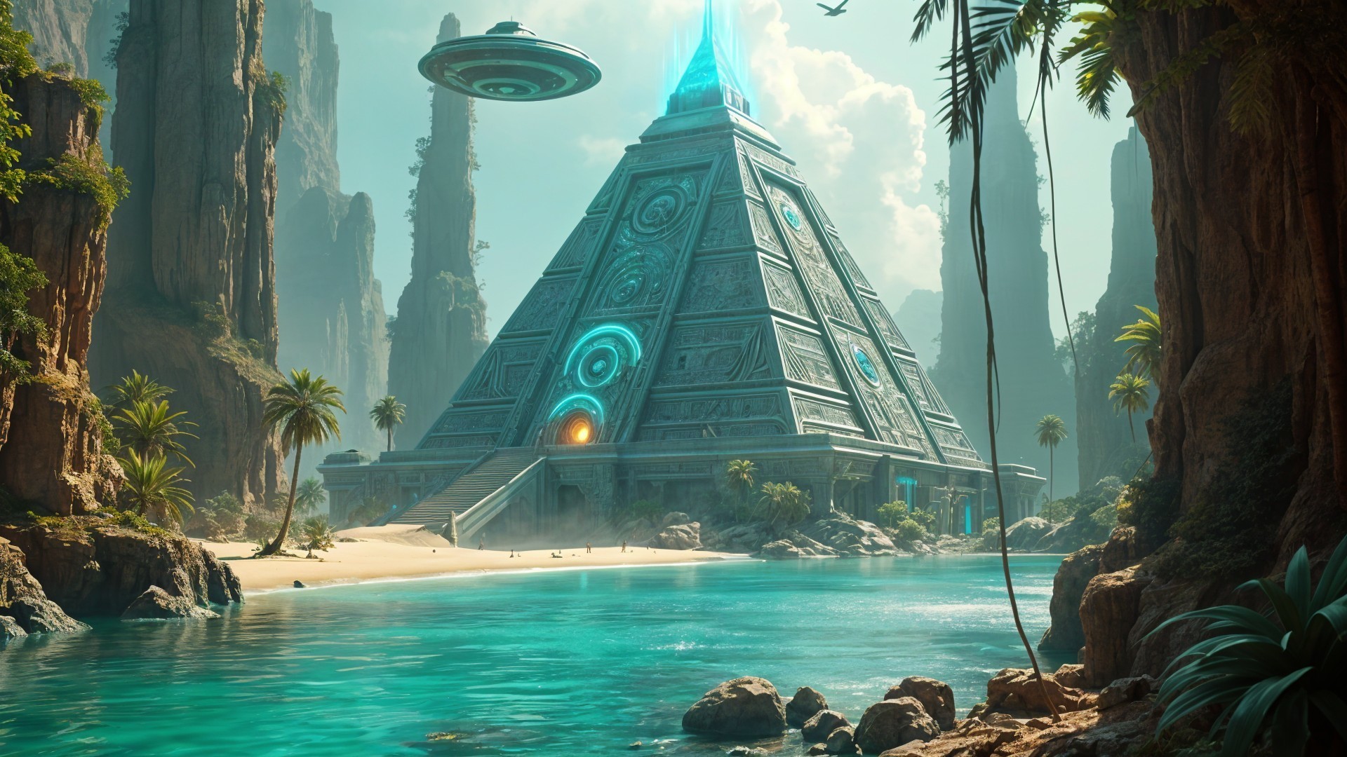 Futuristic Pyramid on Serene Beach with UFO and Palms