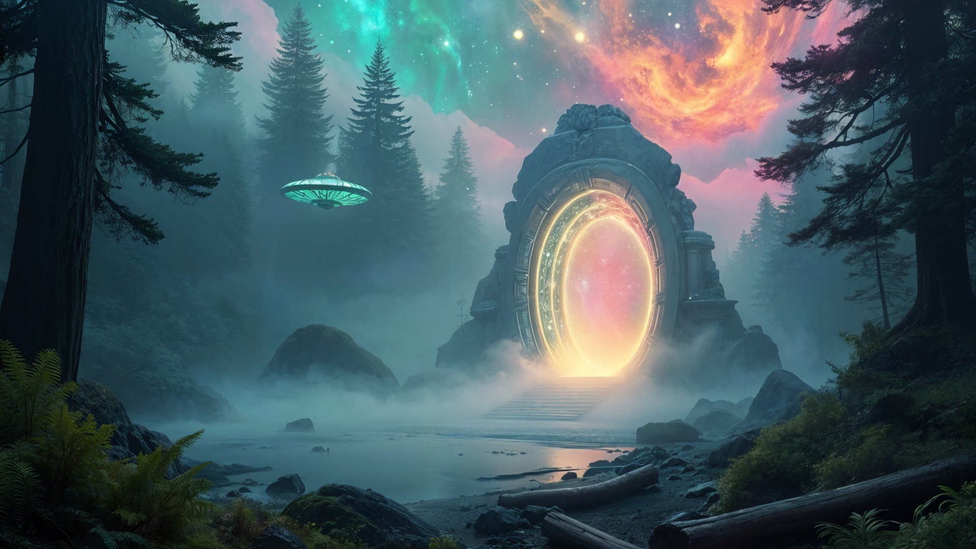 Mystical Portal Surrounded by Cosmic Forest Scene