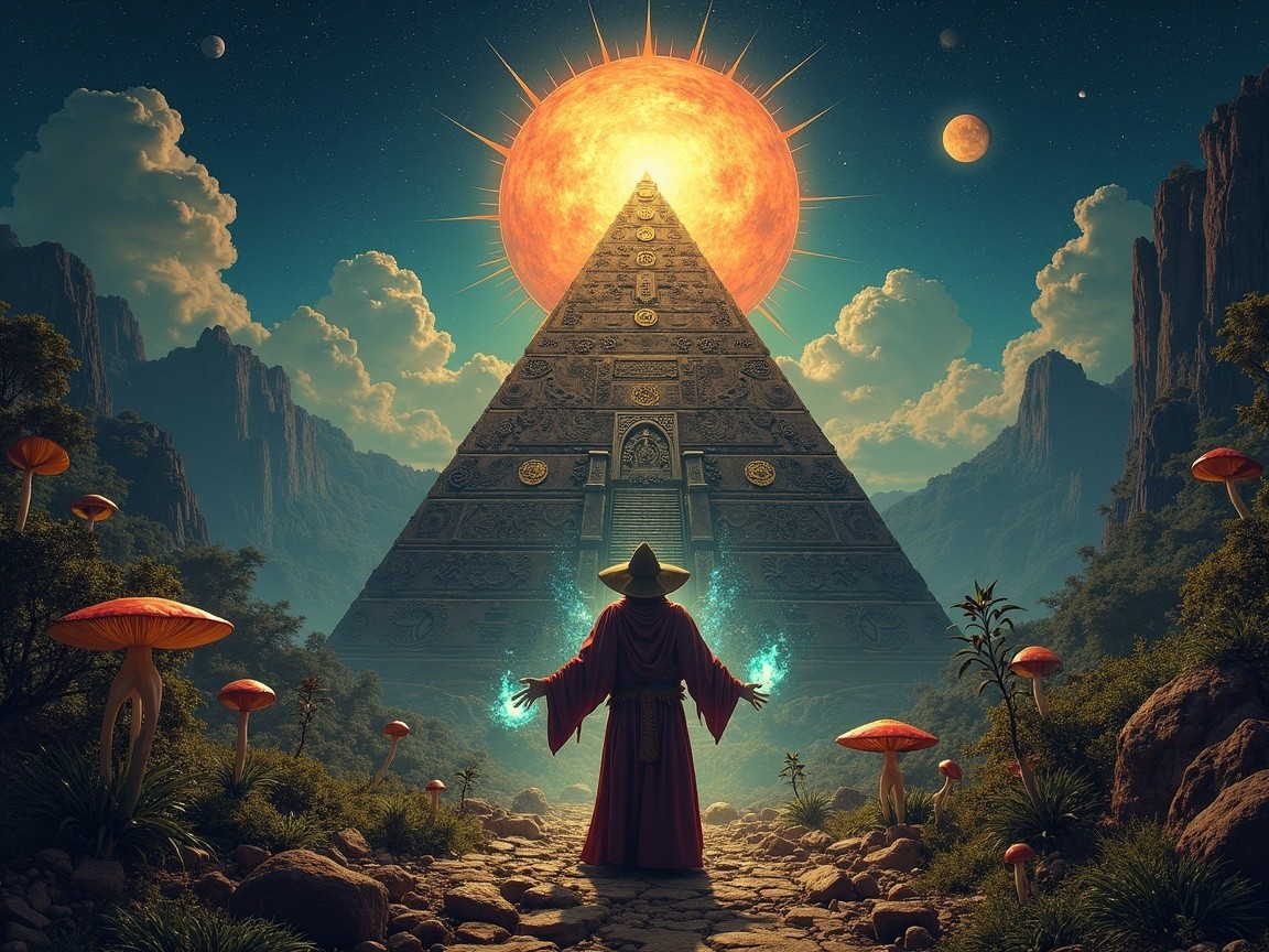 Mystical landscape with pyramid and oversized mushrooms