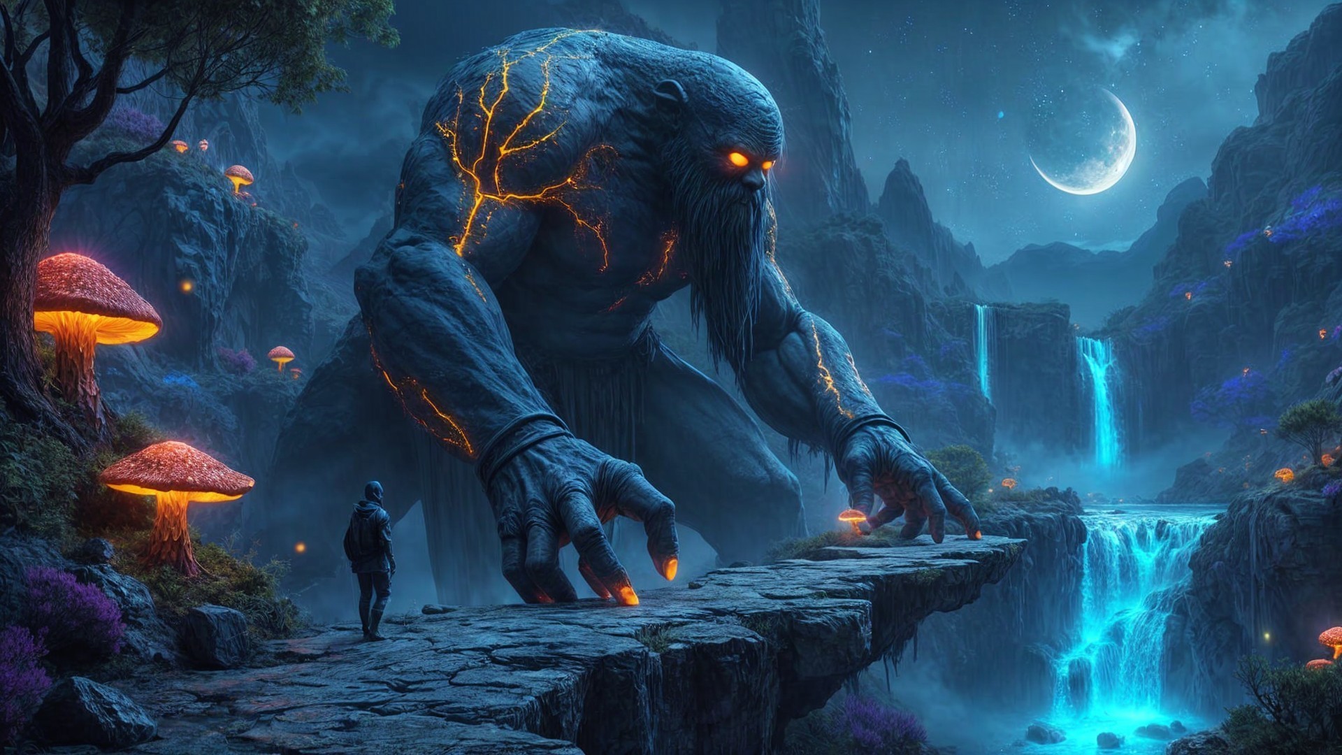 Colossal Glowing Giant Overlooks Mystical Waterfall