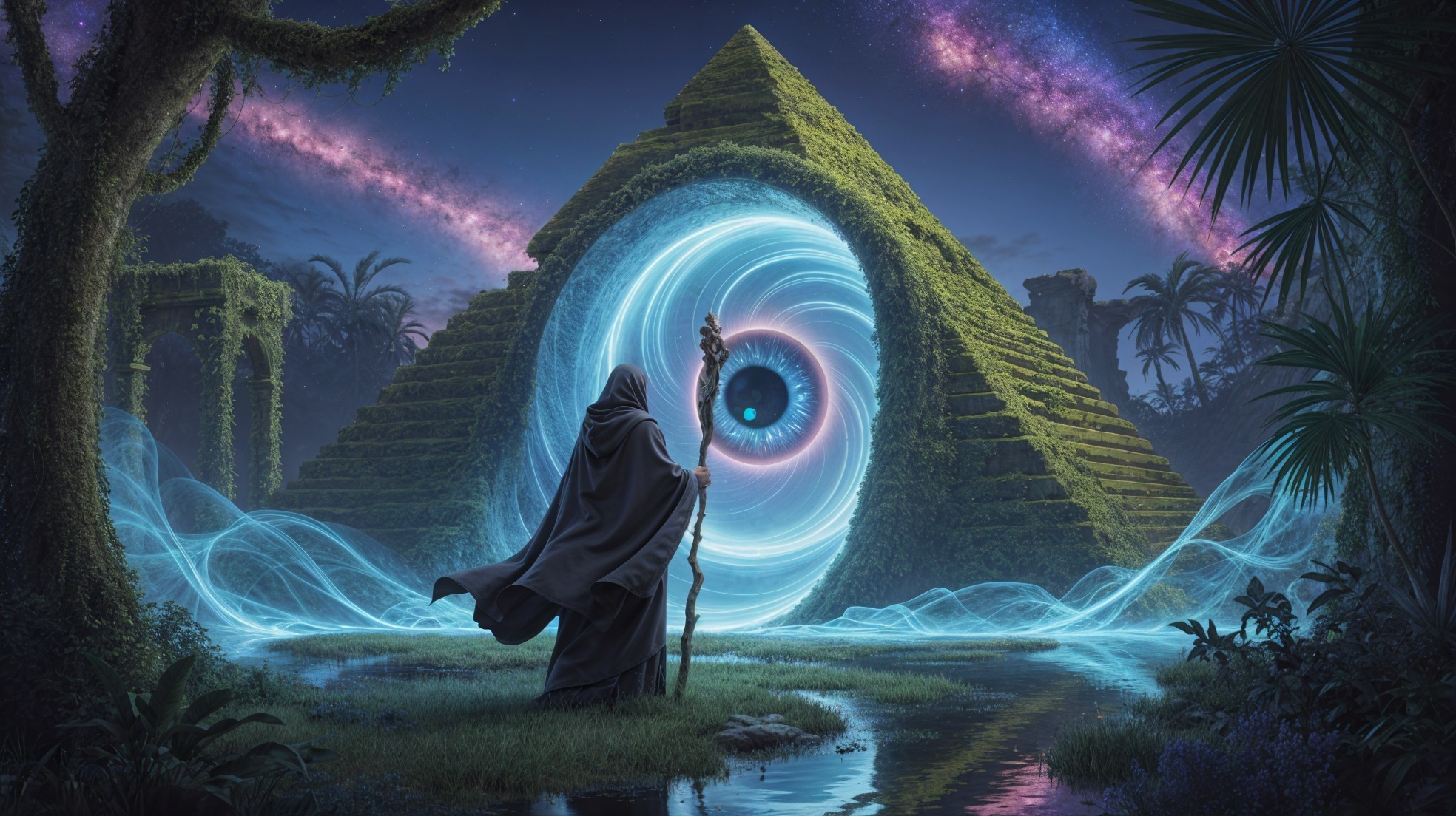 Cloaked Figure and Mystical Pyramid Under Starry Sky
