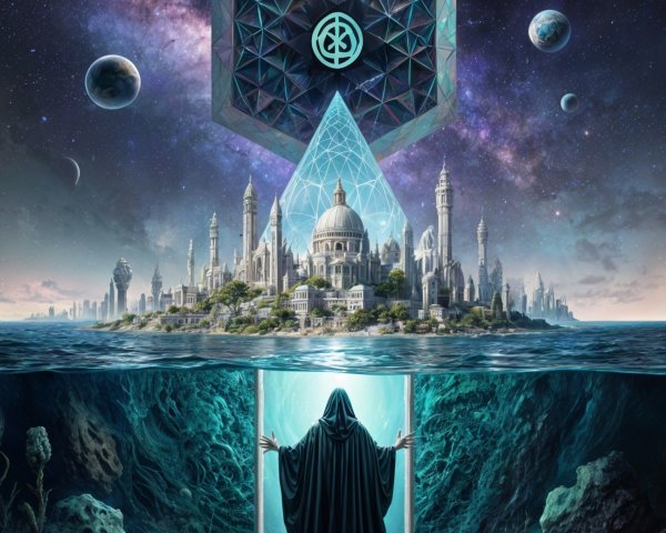Mystical Island City Beneath Cosmic Sky and Portal