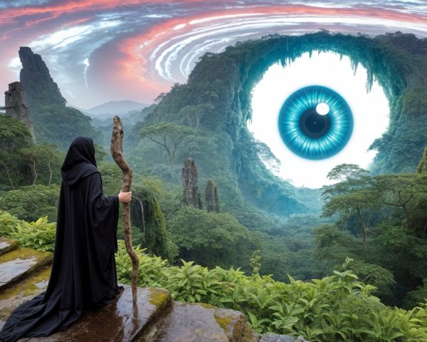 Cloaked Figure and Surreal Eye in Mystical Landscape