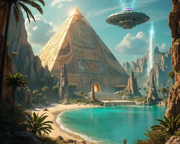 Futuristic Pyramid Surrounded by Beach and UFO Light