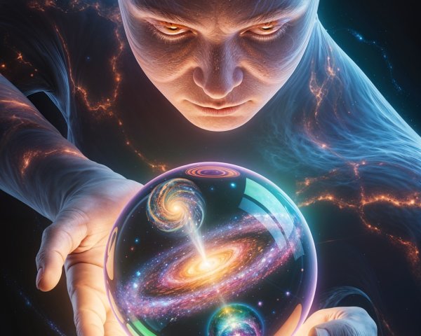 Futuristic humanoid figure with glowing crystal orb