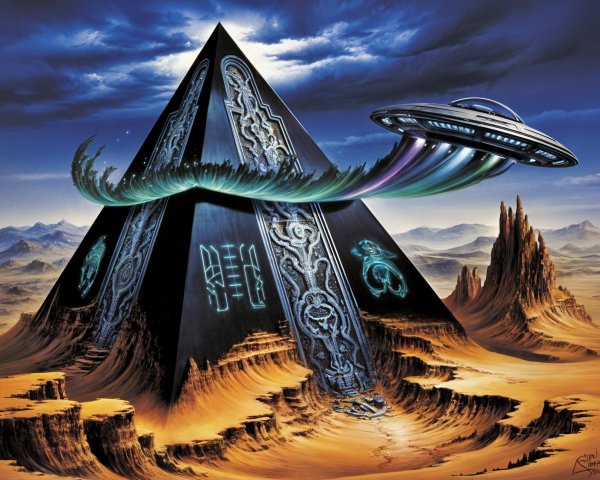Sci-fi landscape with black pyramid and UFO interaction