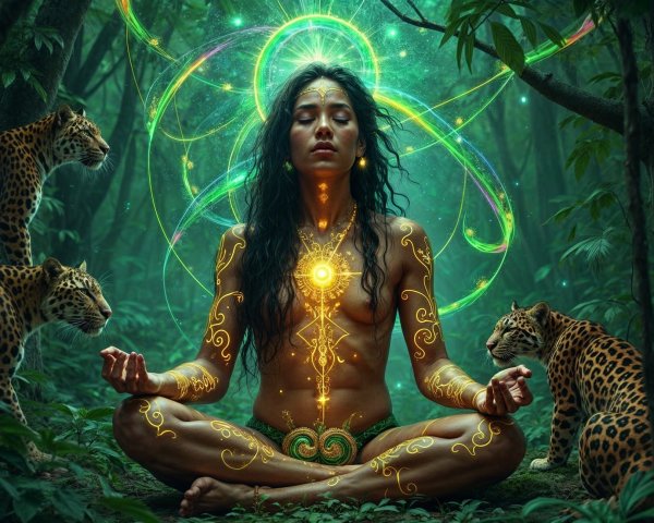 Meditative Figure in Jungle with Glowing Patterns