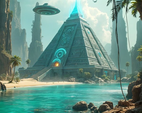Futuristic Pyramid on Serene Beach with UFO and Palms