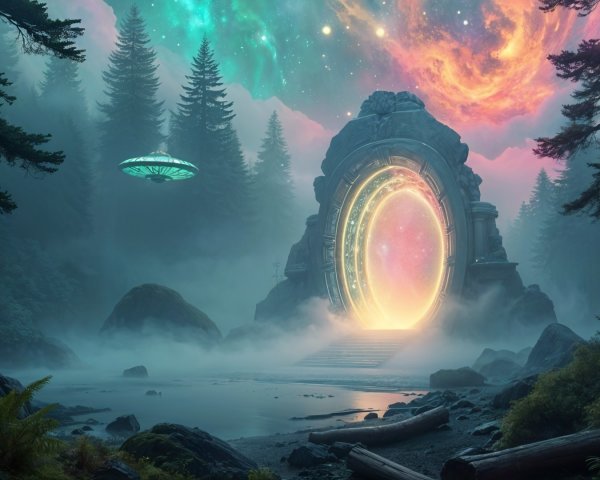 Mystical Portal Surrounded by Cosmic Forest Scene