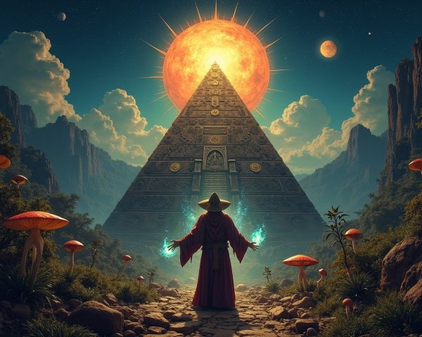 Mystical landscape with pyramid and oversized mushrooms