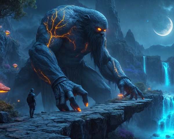 Colossal Glowing Giant Overlooks Mystical Waterfall