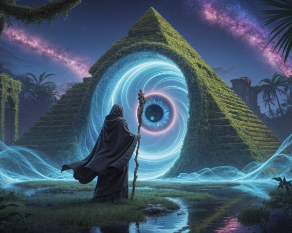 Cloaked Figure and Mystical Pyramid Under Starry Sky