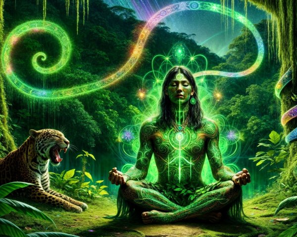Serene figure in jungle with glowing patterns and jaguar
