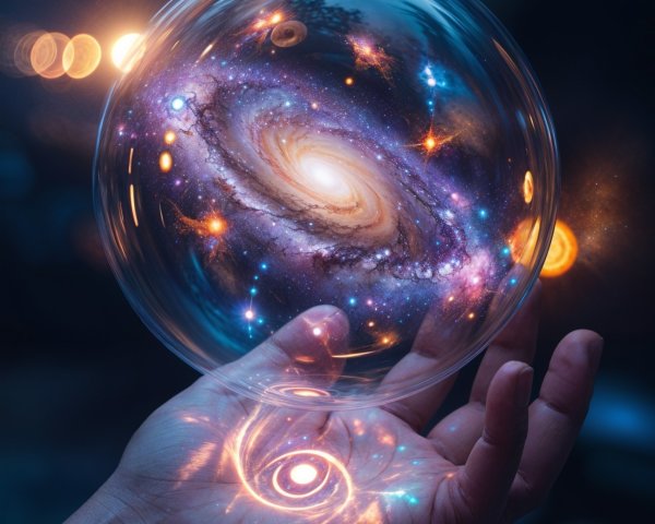 Hand Holding Translucent Bubble with Vibrant Galaxy