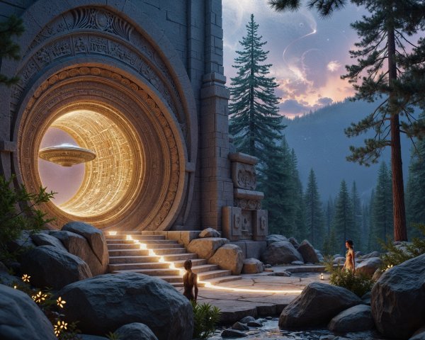Mystical Stone Archway in a Serene Forest Setting