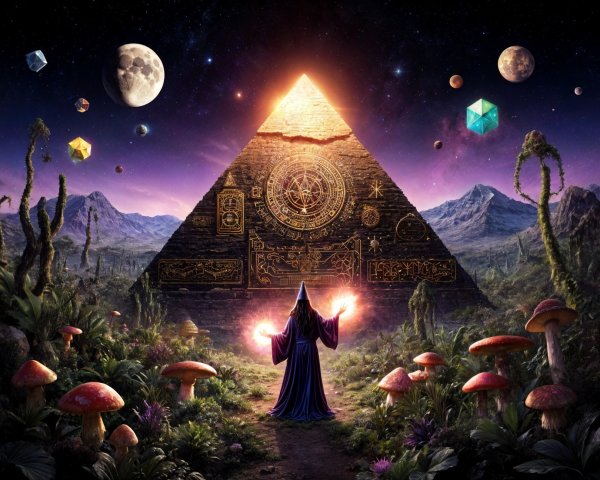 Cloaked Figure and Pyramid in a Mystical Landscape