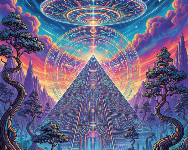 Vibrant Psychedelic Landscape with Glowing Pyramid and UFO