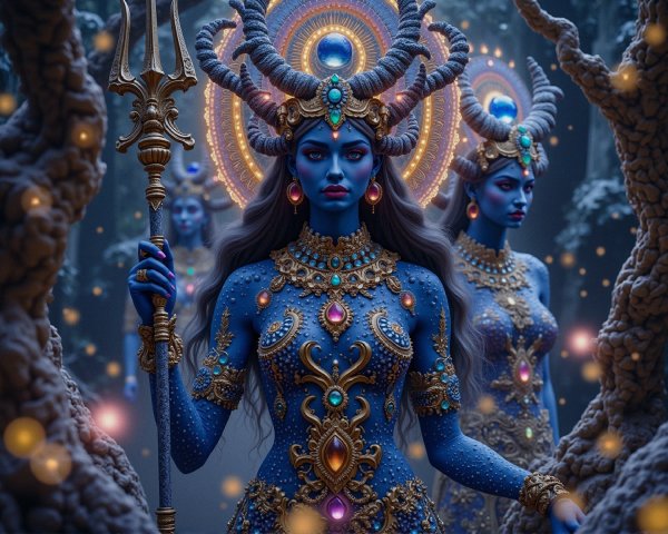 Regal Figures in Ornate Gowns in Mystical Forest