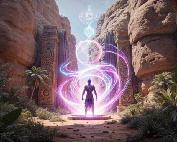 Majestic Figure Before Ornate Stone Gates in Desert