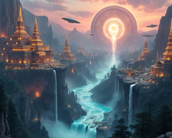 Majestic Temples and Waterfalls in a Vibrant Landscape